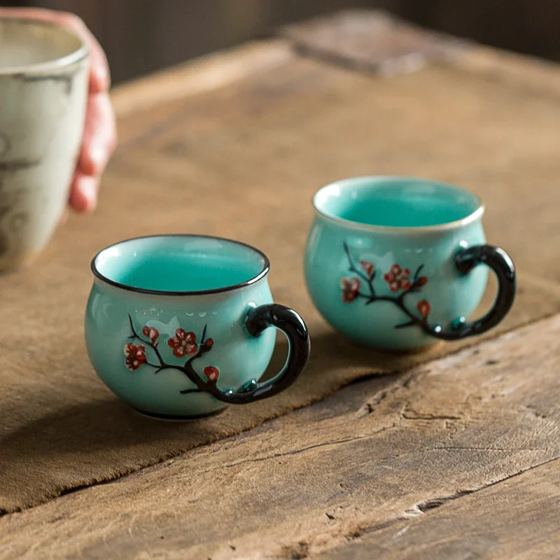 중국어 수제 매화 패턴 세라믹 티 컵 핸들이있는 작은  - Coffee Tea In Chinese 리뷰 및 가격